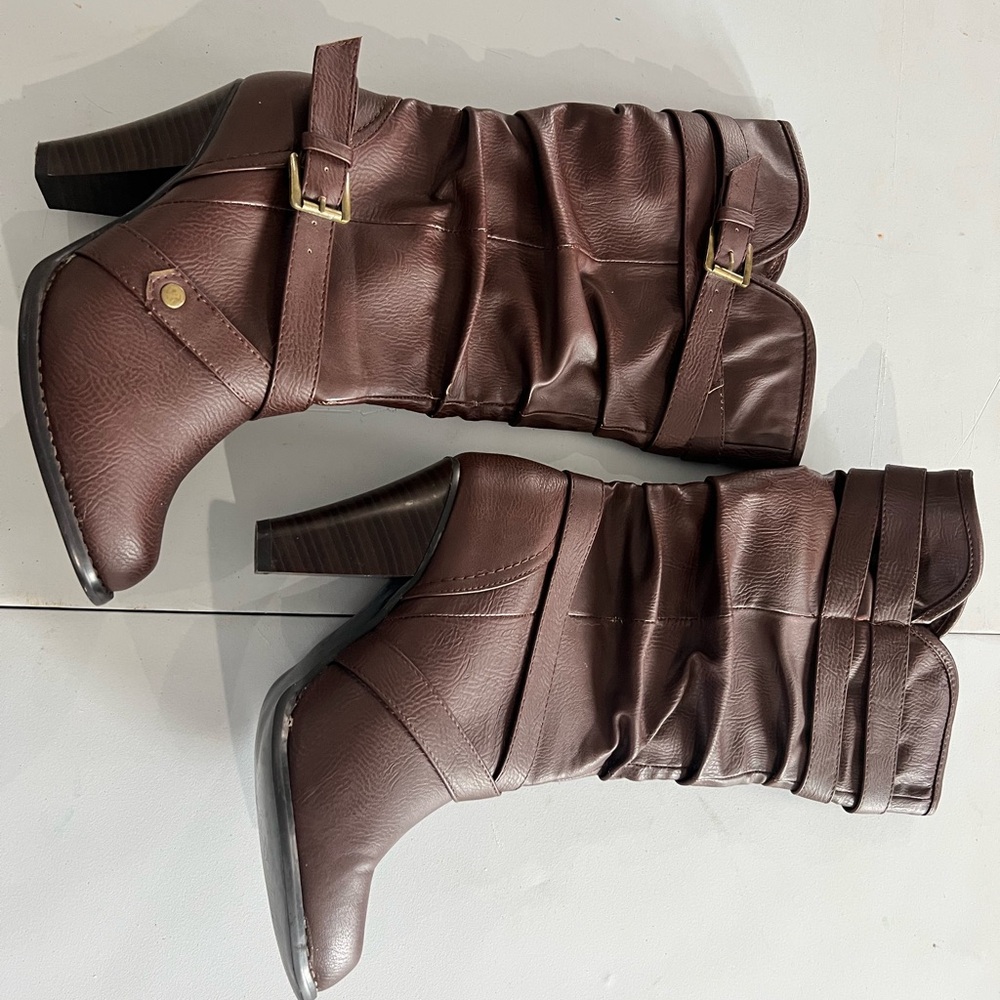 Target Brown Heeled Boots with Chunky Heel and Slouchy Design